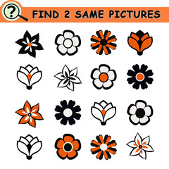 Find same pictures with cartoon black and white flowers. Educational logical game for children. Vector illustration.