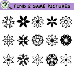 Find same pictures with cartoon black and white flowers. Educational logical game for children. Vector illustration.