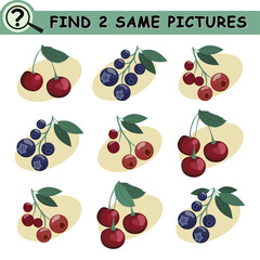 Find same pictures with cartoon berries. Educational logical game for children. Vector illustration.