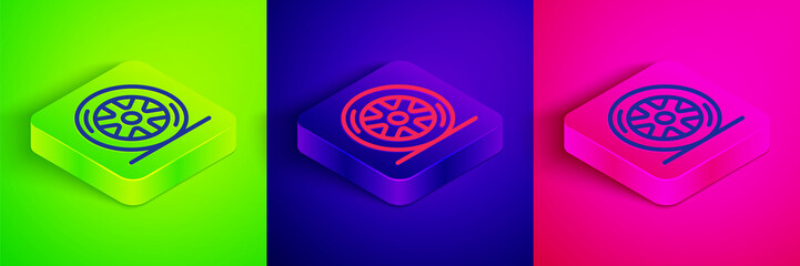 Isometric line Car wheel icon isolated on green, blue and pink background. Square button. Vector