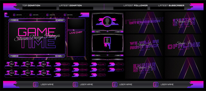 twitch Stream Facecam OBS Template Pink Game overlay design Pack . modern template illustration vector	
