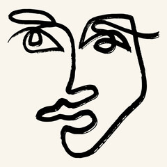 Vector hand drawn minimalistic one line illustration of human face. Creative ink flat naive artwork . Template for card, poster, banner, print for t-shirt, pin, badge, patch.