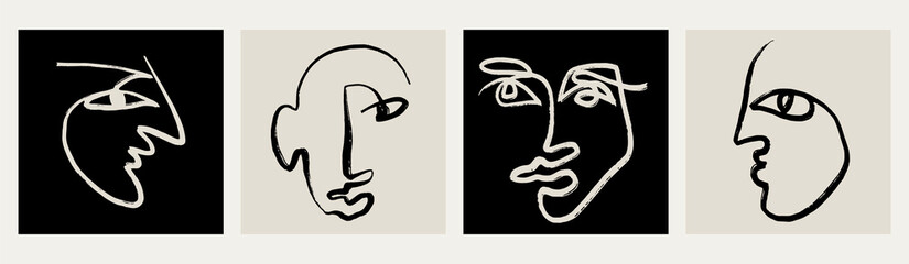 Vector set of hand drawn minimalistic one line illustration of human face. Creative ink flat naive artwork . Template for card, poster, banner, print for t-shirt, pin, badge, patch.