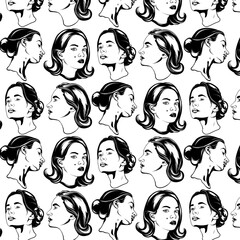 Vector pattern woth hand drawn illustration of female characters. Creative abstract artwork with girls. Template for card, poster, banner, print for t-shirt, pin, badge, patch.