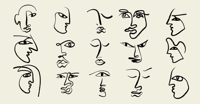 Vector set of hand drawn minimalistic one line illustration of human face. Creative ink flat naive artwork . Template for card, poster, banner, print for t-shirt, pin, badge, patch.