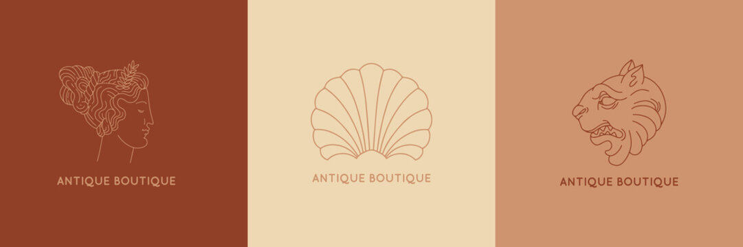 Vector set of hand drawn minimalistic placard with illustration. Creative abstract artwork with lion, shell . Template for card, poster, banner, print for t-shirt, pin, badge, patch.