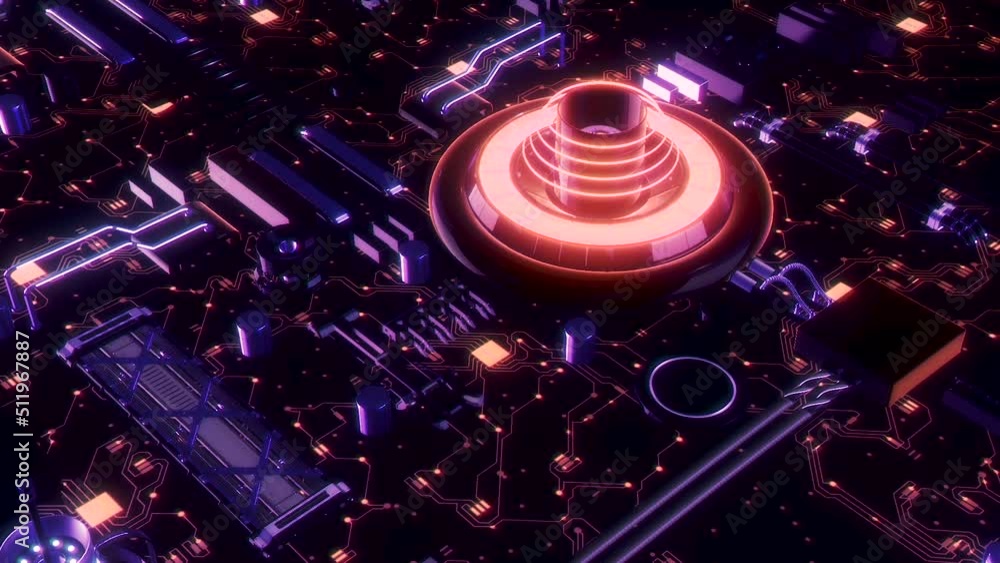 Poster beautiful 3d animation of the motherboard with light signals. motion. colorful circuit board with ne