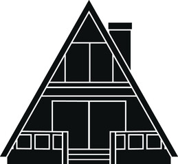 Black and White Cartoon Illustration Vector of a Wooden Built Hut Building Winter Cabin with Chimney and Porch