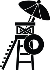 Naklejka premium Black and White Cartoon Illustration Vector of a Beach Lifeguard Tower with Umbrella and Float Ring