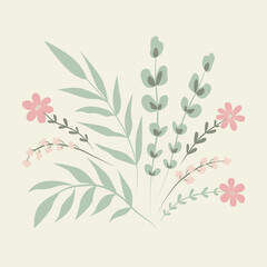 Flowers and plant. Isolated vector illustration. Floral elements for design