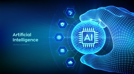 Obraz premium AI. Artificial Intelligence in the shape of sphere with hexagon pattern in wireframe hand. Machine Learning Concept. Big data innovation technology. Neural networks. Vector illustration.