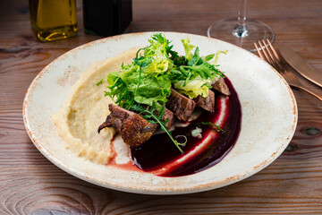 Grilled duck meat with salad on plate. Closeup.