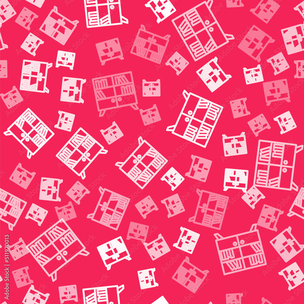 Poster white line library bookshelf icon isolated seamless pattern on red background. vector