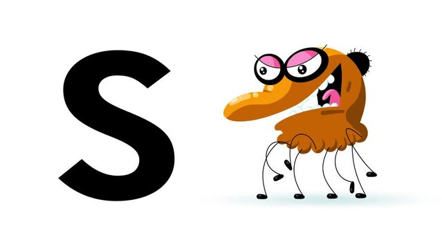 S letter big black like spider cartoon animation. Animal loop. Educational serie with bold style character for children. Good for education movies, presentation, learning alphabet, etc...
