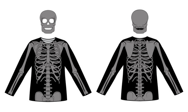 Set of Skeleton costume Human bones on longsleeve front back view men women for Halloween, festivals for printing on clothes for Day of the dead flat black color concept Vector illustration isolated