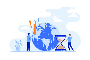 Tiny people with melting planet in background. High temperature and hot weather on Earth, hourglass flat vector illustration. flat design modern illustration
