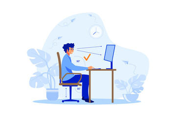 Instruction for correct pose during office work flat vector illustration. Cartoon worker sitting at desk with right posture for healthy back and looking at computer. flat design modern illustration