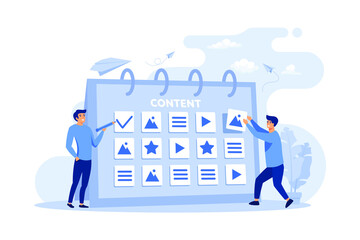 Happy SEO planning campaign for social media isolated flat vector illustration. Cartoon tiny characters standing near calendar with plan for website content. development and communication concept. 