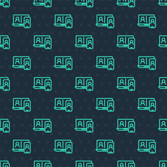 Green line Video chat conference icon isolated seamless pattern on blue background. Online meeting work form home. Remote project management. Vector