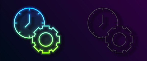 Glowing neon line Time management icon isolated on black background. Clock and gear sign. Productivity symbol. Vector