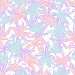 Stylized tropical flowers and leaves. Floral seamless pattern. Modern abstract print with botanical shapes. Colorful groovy vector background.