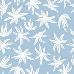 Fototapeta premium Stylized tropical flowers and leaves. Floral seamless pattern. Modern abstract print with botanical shapes. Colorful groovy vector background.