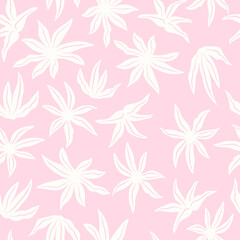 Fototapeta premium Stylized tropical flowers and leaves. Floral seamless pattern. Modern abstract print with botanical shapes. Colorful groovy vector background.