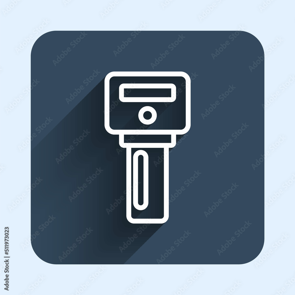 Poster white line car key with remote icon isolated with long shadow background. car key and alarm system. 