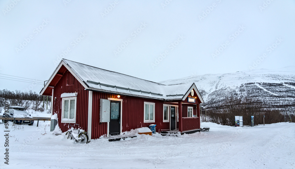 Poster abisko turiststation railway station in swedish lapland in winter