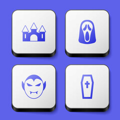 Set Castle, Funny and scary ghost mask, Vampire and Coffin with christian cross icon. White square button. Vector