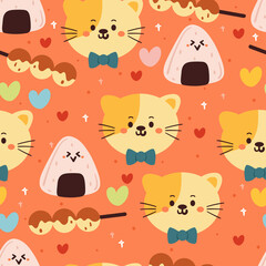 seamless pattern cartoon cat, onigiri and takoyaki character in orange background. cute wallpaper for textile, gift wrap paper