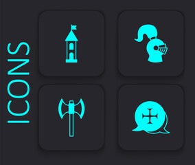 Set Crusade, Castle tower, Medieval helmet and poleaxe icon. Black square button. Vector