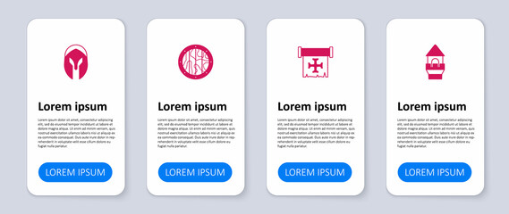 Set Castle tower, Crusade, Round wooden shield and Medieval helmet. Business infographic template. Vector