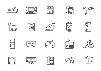 Vector household appliance line icons microwave fridge iron electric household cooking symbol