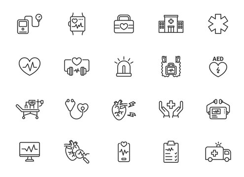 Hospital cardiology line icon set. Medical healthcare thin vector doctor equipment medicine heart clinic line icon