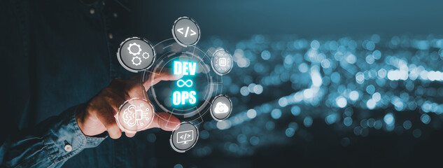 DevOps concept, Man hand touching DevOps icon on VR screen with blue bokeh background, Methodology...