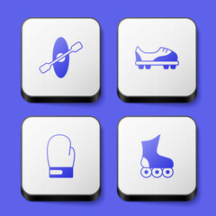 Set Kayak and paddle, Football shoes, Boxing glove and Roller skate icon. White square button. Vector