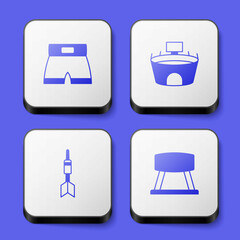 Set Boxing short, Stadium, Dart arrow and Pommel horse icon. White square button. Vector