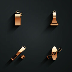 Set Fitness shaker, Chess, Baseball bat with ball and Kayak and paddle icon with long shadow. Vector