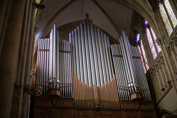 Organ pipes inside the Good Shepherd of San Sebastian Cathedral in Spain