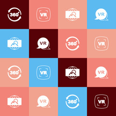 Set pop art 360 degree view, Virtual reality, Wide angle picture and icon. Vector