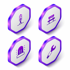 Set Isometric Train traffic light, Waiting hall, Flasher siren and Wrench spanner icon. Purple hexagon button. Vector