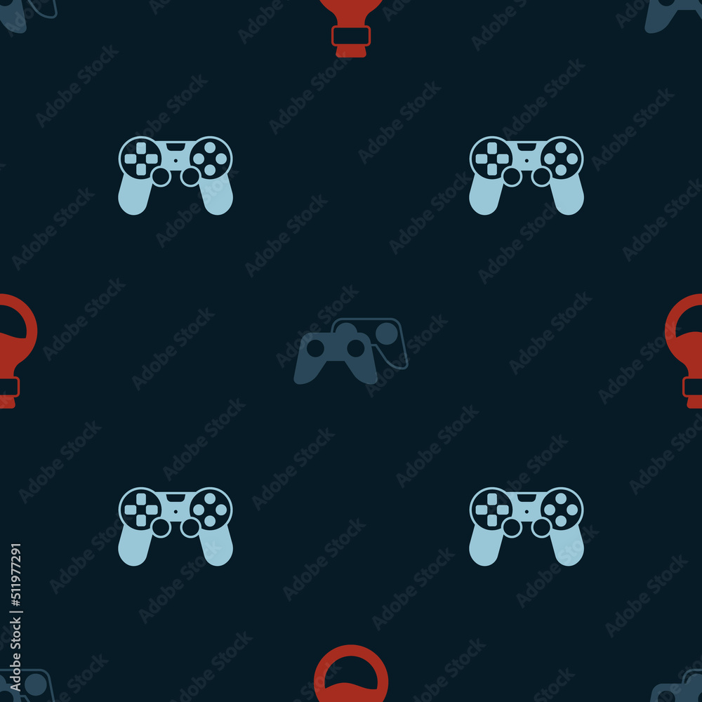 Poster set bottle with magic elixir, game controller or joystick and on seamless pattern. vector