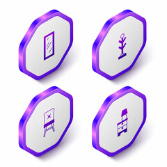 Set Isometric Big full length mirror, Coat stand, Chair and Furniture nightstand with lamp icon. Purple hexagon button. Vector