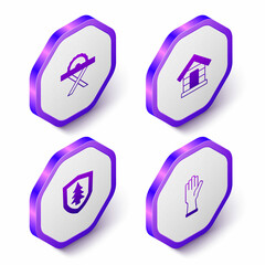 Set Isometric Electric circular saw, Dog house, Shield with tree and Protective gloves icon. Purple hexagon button. Vector