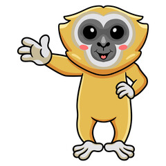 Cute little gibbon cartoon waving hand