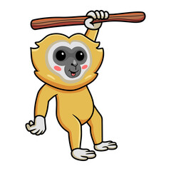 Cute little gibbon cartoon hanging on tree