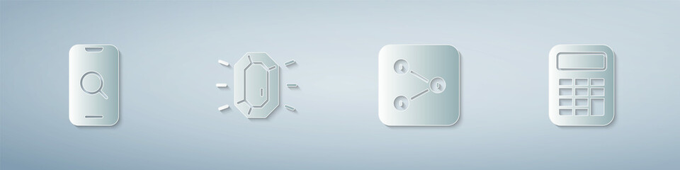 Set Magnifying glass and mobile, Diamond, Share and Calculator. Paper art style. Vector