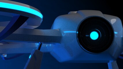 Powerful  white drone loaded with some of most advanced imaging and flight technologies under blue-black background. Concept image of video production, agriculture solution and public safety. 3D CG.