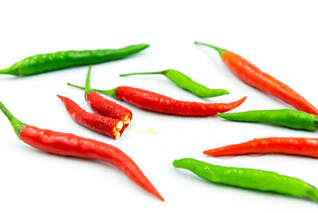 red and green chili on white background, pepper, paprika
